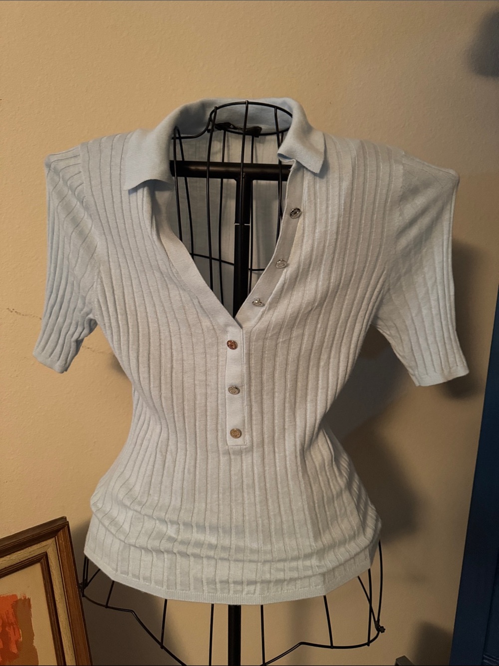White House Black Market Light Blue Ribbed Short-Sleeve Button-Down Top